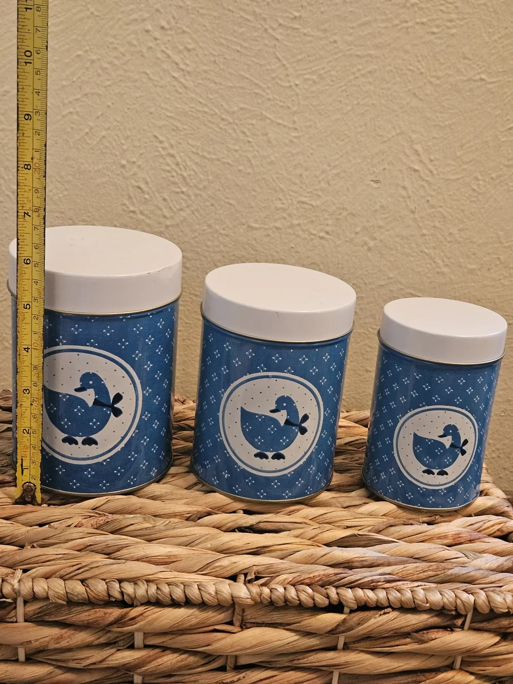 Vintage 1980s Blue Country Goose Nesting Tin Canister Set - 3 Piece